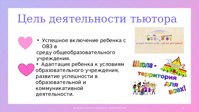 Цель деятельности тьютора Успешное включение ребенка с ОВЗ в среду общеобразовательного учреждения. Адаптация ребенка к условиям образовательного учреждения, развитие успешности в образовательной и коммуникативной деятельности. ОБРАЗЕЦ ТЕКСТА НИЖНЕГО КОЛОНТИТУЛА 1 