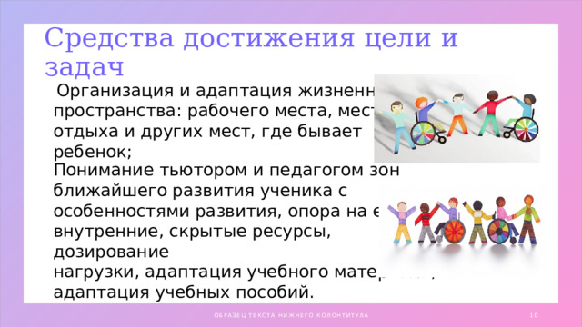 Средства достижения цели и задач  Организация и адаптация жизненного пространства: рабочего места, места отдыха и других мест, где бывает ребенок; Понимание тьютором и педагогом зон ближайшего развития ученика с особенностями развития, опора на его внутренние, скрытые ресурсы, дозирование нагрузки, адаптация учебного материала, адаптация учебных пособий. ОБРАЗЕЦ ТЕКСТА НИЖНЕГО КОЛОНТИТУЛА 1 