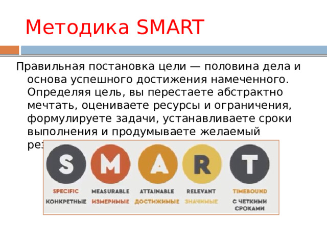 Методика SMART Правильная постановка цели — половина дела и основа успешного достижения намеченного. Определяя цель, вы перестаете абстрактно мечтать, оцениваете ресурсы и ограничения, формулируете задачи, устанавливаете сроки выполнения и продумываете желаемый результат. 