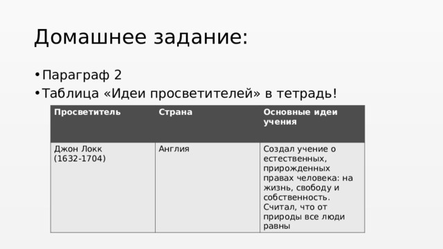 Домашнее задание: Параграф 2 Таблица «Идеи просветителей» в тетрадь! Просветитель Джон Локк Страна Основные идеи учения (1632-1704) Англия Создал учение о естественных, прирожденных правах человека: на жизнь, свободу и собственность. Считал, что от природы все люди равны 