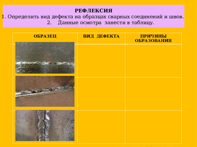 РЕФЛЕКСИЯ 1. Определить вид дефекта на образцах сварных соединений и швов.  2. Данные осмотра занести в таблицу. ОБРАЗЕЦ ВИД ДЕФЕКТА ПРИЧИНЫ ОБРАЗОВАНИЯ     