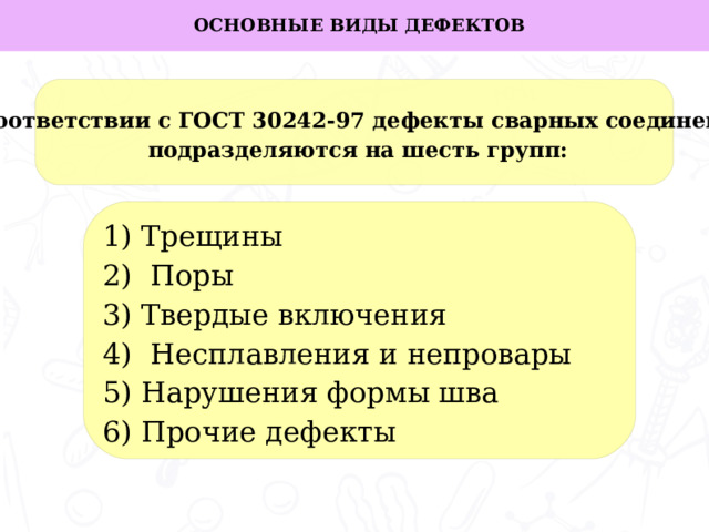 ОСНОВНЫЕ ВИДЫ ДЕФЕКТОВ В соответствии с ГОСТ 30242-97 дефекты сварных соединений  подразделяются на шесть групп:  Трещины  Поры  Твердые включения  Несплавления и непровары  Нарушения формы шва  Прочие дефекты    