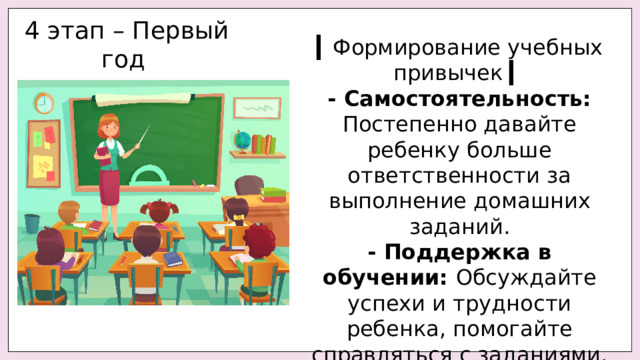 4 этап – Первый год ▎ Формирование учебных привычек ▎ - Самостоятельность: Постепенно давайте ребенку больше ответственности за выполнение домашних заданий. - Поддержка в обучении: Обсуждайте успехи и трудности ребенка, помогайте справляться с заданиями. 