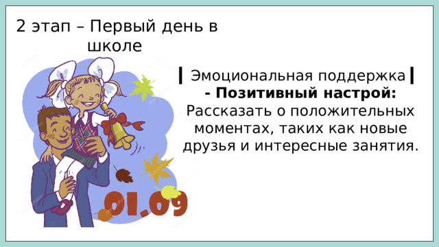 2 этап – Первый день в школе ▎ Эмоциональная поддержка ▎ - Позитивный настрой: Рассказать о положительных моментах, таких как новые друзья и интересные занятия. 