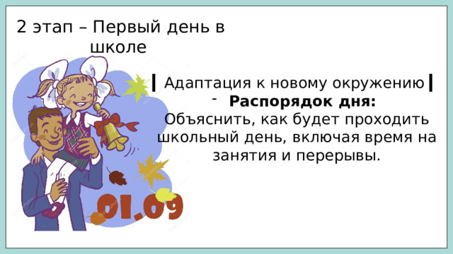 2 этап – Первый день в школе ▎ Адаптация к новому окружению ▎ Распорядок дня: Объяснить, как будет проходить школьный день, включая время на занятия и перерывы. 
