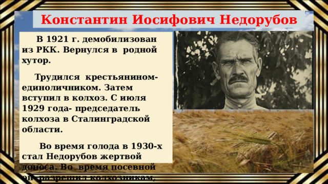 Константин Иосифович Недорубов  В 1921 г. демобилизован из РКК. Вернулся в родной хутор.  Трудился крестьянином-единоличником. Затем вступил в колхоз. С июля 1929 года- председатель колхоза в Сталинградской области.  Во время голода в 1930-х стал Недорубов жертвой доноса. Во время посевной он разрешил колхозникам, которых ветром шатало от недоедания, сварить похлебку из семенного зерна. 
