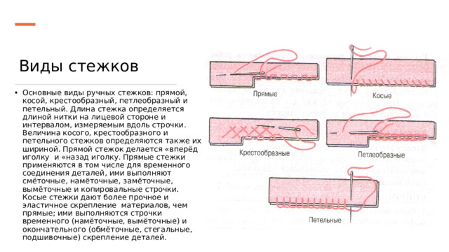 Виды стежков Основные виды ручных стежков: прямой, косой, крестообразный, петлеобразный и петельный. Длина стежка определяется длиной нитки на лицевой стороне и интервалом, измеряемым вдоль строчки. Величина косого, крестообразного и петельного стежков определяются также их шириной. Прямой стежок делается «вперёд иголку  и «назад иголку. Прямые стежки применяются в том числе для временного соединения деталей, ими выполняют смёточные, намёточные, замёточные, вымёточные и копировальные строчки. Косые стежки дают более прочное и эластичное скрепление  материалов, чем прямые; ими выполняются строчки временного (намёточные, вымёточные) и окончательного (обмёточные, стегальные, подшивочные) скрепление деталей. 