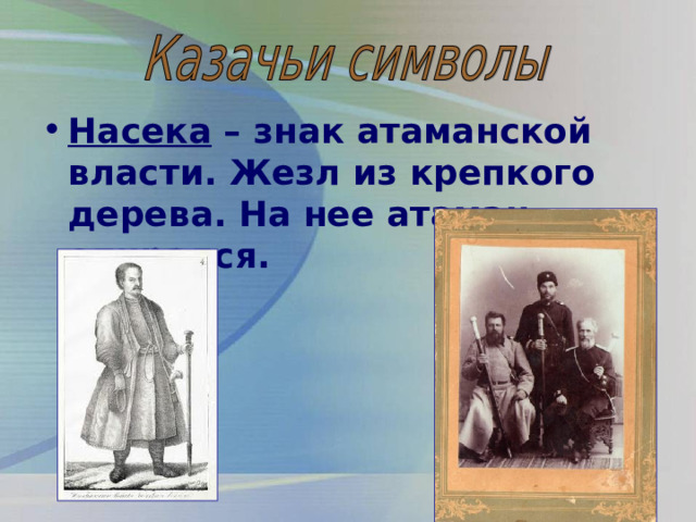 Насека – знак атаманской власти. Жезл из крепкого дерева. На нее атаман опирался. 