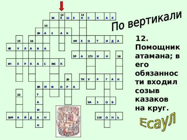  12. Помощник атамана; в его обязанности входил созыв казаков на круг. 