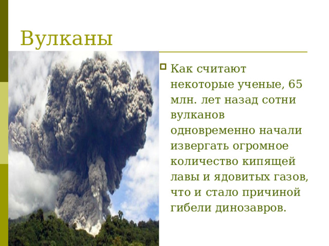 Вулканы Как считают некоторые ученые, 65 млн. лет назад сотни вулканов одновременно начали извергать огромное количество кипящей лавы и ядовитых газов, что и стало причиной гибели динозавров.  
