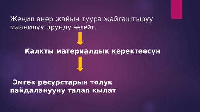 Жеңил өнөр жайын туура жайгаштыруу маанилүү орунду ээлейт .  Калкты материалдык керектөөсүн  Эмгек ресурстарын толук пайдаланууну талап кылат 