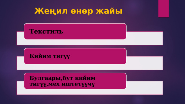 Жеңил өнөр жайы Текстиль Кийим тигүү Булгаары,бут кийим тигүү,мех иштетүүчү 