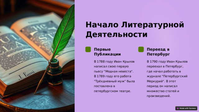 Начало Литературной Деятельности Первые Публикации Переезд в Петербург В 1788 году Иван Крылов написал свою первую пьесу 