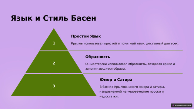 Язык и Стиль Басен Простой Язык 1 Крылов использовал простой и понятный язык, доступный для всех. Образность 2 Он мастерски использовал образность, создавая яркие и запоминающиеся образы. Юмор и Сатира 3 В баснях Крылова много юмора и сатиры, направленной на человеческие пороки и недостатки.  
