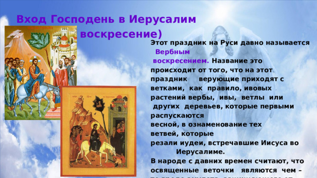 Вход Господень в Иерусалим   (Вербное воскресение)  Этот праздник на Руси давно называется  Вербным  воскресением.  Название это  происходит от того, что на этот  праздник  верующие приходят с  ветками,  как  правило, ивовых  растений вербы,  ивы,  ветлы  или  других  деревьев, которые первыми  распускаются  весной, в ознаменование тех  ветвей, которые  резали иудеи, встречавшие Иисуса во  Иерусалиме. В народе с давних времен считают, что освященные  веточки  являются  чем – то вроде амулета, защищающего от дурного глаза. Прежде верили,  что они являются оберегом от молнии.  Вовремя непогоды их жгли, чтобы уберечь дом. Ветки  дарят  друг другу в знак дружбы и любви.  В некоторых странах  принято слегка ударять  ими прохожих, говорят, что к удаче.  Освященные ветки, как правило, хранят в доме. 