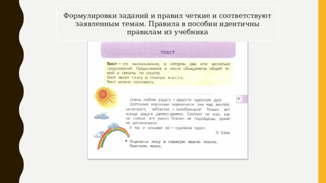 Формулировки заданий и правил четкие и соответствуют заявленным темам. Правила в пособии идентичны правилам из учебника 