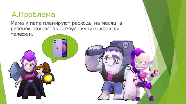 А.Проблема Мама и папа планируют расходы на месяц, а ребенок-подросток требует купить дорогой телефон. 