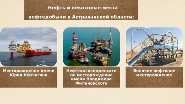 Нефть и некоторые места нефтедобычи в Астраханской области: Месторождение имени Юрия Корчагина Нефтегазоконденсатное месторождение имени Владимира Филановского Великое нефтяное месторождение 