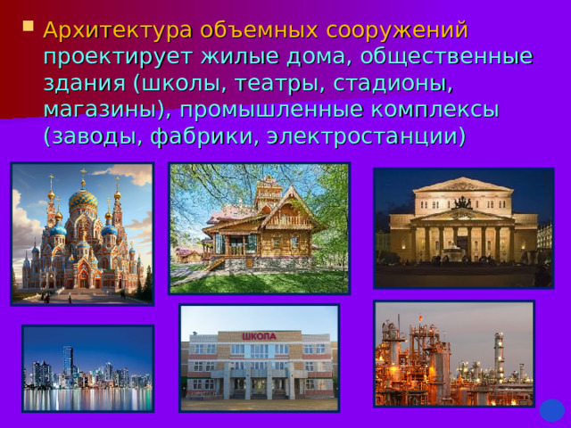 Архитектура объемных сооружений проектирует жилые дома, общественные здания (школы, театры, стадионы, магазины), промышленные комплексы (заводы, фабрики, электростанции) 