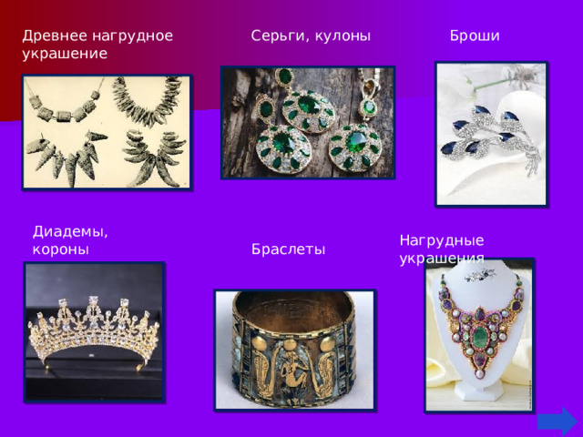 Древнее нагрудное украшение Серьги, кулоны Броши Диадемы, короны Нагрудные украшения Браслеты 