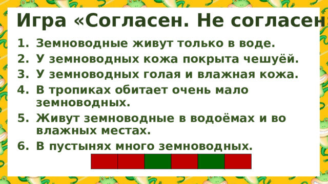 Игра «Согласен. Не согласен» Земноводные живут только в воде. У земноводных кожа покрыта чешуёй. У земноводных голая и влажная кожа. В тропиках обитает очень мало земноводных. Живут земноводные в водоёмах и во влажных местах. В пустынях много земноводных.  