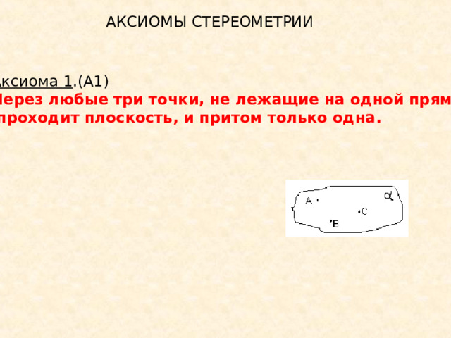 АКСИОМЫ СТЕРЕОМЕТРИИ Аксиома 1 .(А1) Через любые три точки, не лежащие на одной прямой  проходит плоскость, и притом только одна. 