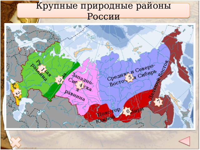 Русская равнина Урал Кавказ Западно-Сибирская равнина Средняя и Северо-Восточная Сибирь Пояс гор Южной Сибири Дальний Восток 1 2 3 4 5 6 7 Крупные природные районы России  