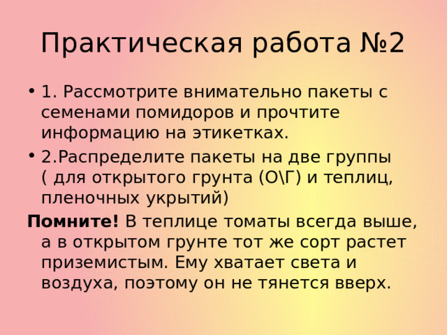 Практическая работа №2 1. Рассмотрите внимательно пакеты с семенами помидоров и прочтите информацию на этикетках. 2.Распределите пакеты на две группы ( для открытого грунта (О\Г) и теплиц, пленочных укрытий) Помните! В теплице томаты всегда выше, а в открытом грунте тот же сорт растет приземистым. Ему хватает света и воздуха, поэтому он не тянется вверх. 