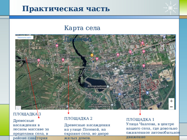 Практическая часть Карта села Дивеево ПЛОЩАДКА 3 Древесные насаждения в лесном массиве за пределами села, в районе санатория «Березка» ПЛОЩАДКА 2 Древесные насаждения на улице Полевой, на окраине села, во дворе жилых домов. ПЛОЩАДКА 1 Улица Чкалова, в центре нашего села, где довольно оживленное автомобильное движение 