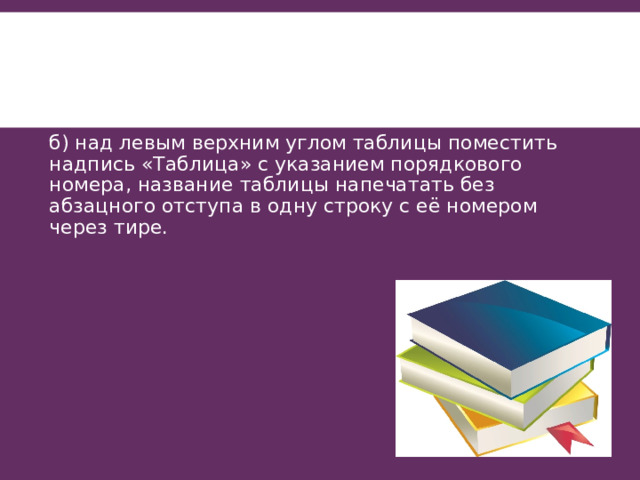 б) над левым верхним углом таблицы поместить надпись «Таблица» с указанием порядкового номера, название таблицы напечатать без абзацного отступа в одну строку с её номером через тире. 