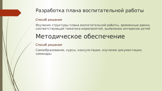 Разработка плана воспитательной работы Способ решения Изучение структуры плана воспитательной работы, временные рамки, соответствующая тематика мероприятий, выявление интересов детей Методическое обеспечение Способ решения Самообразование, курсы, консультации, изучение документации, семинары 