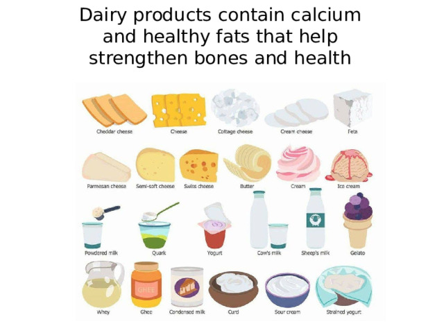 Dairy products contain calcium and healthy fats that help strengthen bones and health 