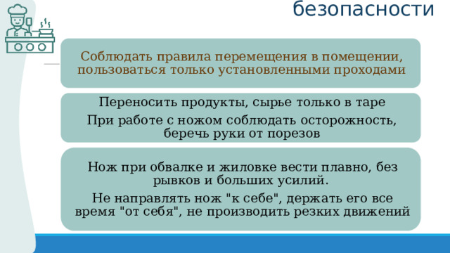  Техника безопасности Соблюдать правила перемещения в помещении, пользоваться только установленными проходами Переносить продукты, сырье только в таре При работе с ножом соблюдать осторожность, беречь руки от порезов Нож при обвалке и жиловке вести плавно, без рывков и больших усилий. Не направлять нож 