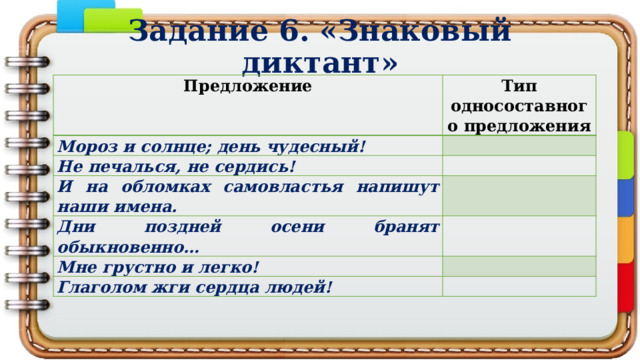 Задание 6. «Знаковый диктант» Предложение Тип односоставного предложения Мороз и солнце; день чудесный!   Не печалься, не сердись!   И на обломках самовластья напишут наши имена.   Дни поздней осени бранят обыкновенно…   Мне грустно и легко!   Глаголом жги сердца людей!   
