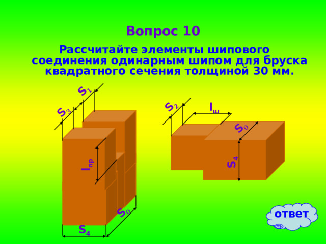 S 1 S 3 S 0 S 2 S 0 S 4 l пр Вопрос 10 Рассчитайте элементы шипового соединения одинарным шипом для бруска квадратного сечения толщиной 30 мм. l ш ответ S 4 