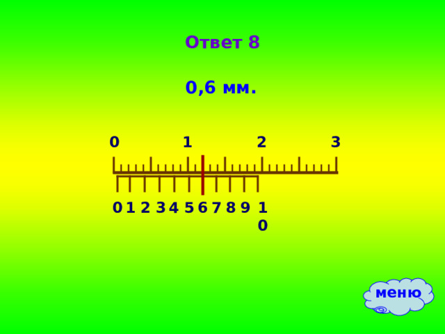 Ответ 8 0,6 мм. 3 0 1 2 5 9 8 7 6 2 4 3 1 0 10 меню 