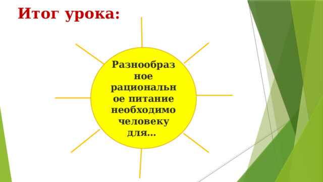 Итог урока: Разнообразное рациональное питание необходимо человеку для… 