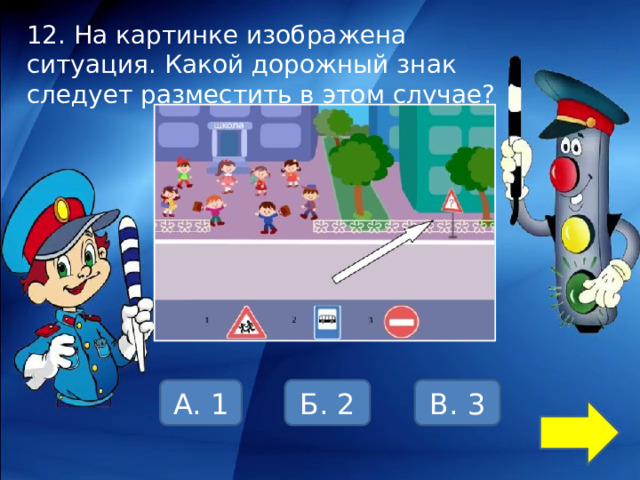 12. На картинке изображена ситуация. Какой дорожный знак следует разместить в этом случае? А. 1 Б. 2 В. 3 