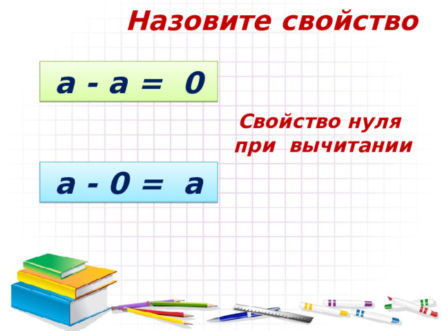 Назовите свойство а - а = 0 Свойство нуля при вычитании а - 0 = а 