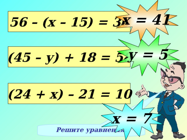 х = 41 56 – (х – 15) = 30 у = 5 (45 – у) + 18 = 58 (24 + х) – 21 = 10 Решение уравнений на доске, с объяснением учащихся, записываем в тетрадях х = 7 Решите уравнения.  
