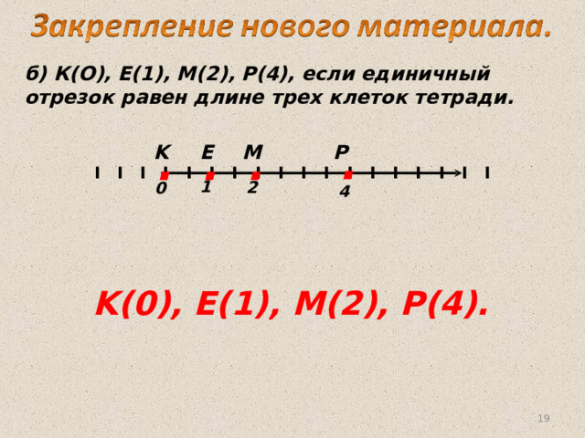 б) К(О), E(1), М(2), Р(4), если единичный отрезок равен длине трех клеток тетради. . . . . M E K P I I I I I I I I I I I I I I I I I I 1 2 0 4 K (0), Е(1), M (2), P ( 4 ). 18 