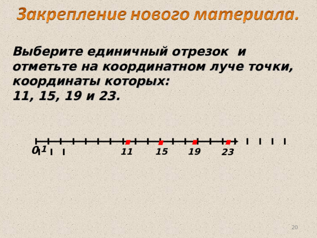 Выберите единичный отрезок  и  отметьте на координатном луче точки, координаты которых:  11, 15, 19 и 23. . . . . I I I I I I I I I I I I I I I I I I I I I I I I 0 1 11 15 19 23 19 