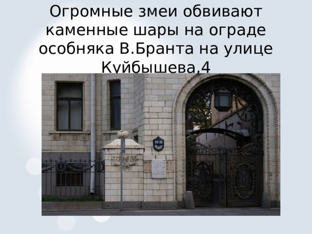  Огромные змеи обвивают каменные шары на ограде особняка В.Бранта на улице Куйбышева,4 