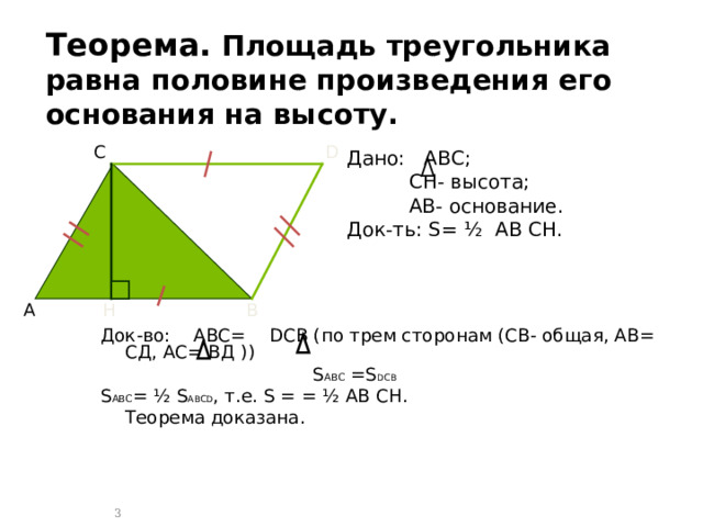 Теорема.  Площадь треугольника равна половине произведения его основания на высоту. С D Дано: АВС;  СН- высота;  АВ- основание. Док-ть: S = ½  АВ СН. Н В А Док-во: АВС= D СВ (по трем сторонам (СВ- общая, АВ= СД, АС= ВД ))  S АВС = S D СВ  S АВС = ½ S А BCD , т.е. S = = ½ АВ СН.       Теорема доказана. 2 3 