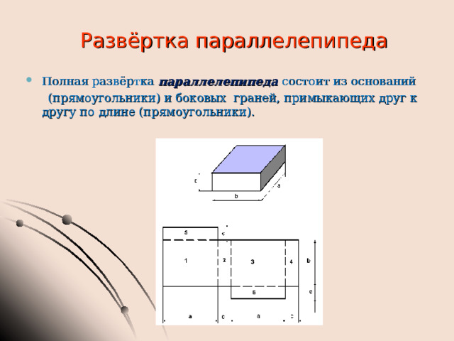 Развёртка параллелепипеда Полная развёртка параллелепипеда состоит из оснований  (прямоугольники) и боковых граней, примыкающих друг к другу по длине (прямоугольники). 