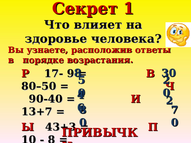 Секрет 1  Что влияет на здоровье человека? Вы узнаете, расположив ответы в порядке возрастания.  8 30 Р 17- 9 = В 80–50 = Ч 90-40 = И 13+7 = Ы 43+3 = П 10 - 8 = И 40+40 = К 30+40 =   50 20 2 46 80 70 ПРИВЫЧКИ  