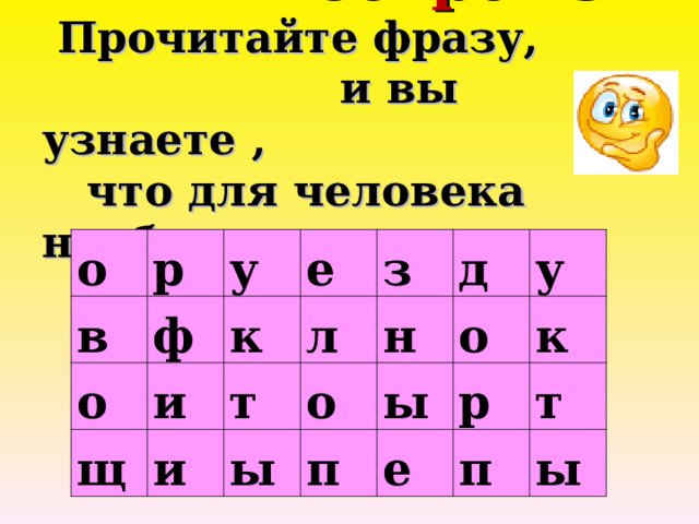  Секрет 3  Прочитайте фразу,  и вы узнаете ,  что для человека необходимо.   о в р у ф о щ к е и л з т и н ы о д п у о ы к е р т п ы 