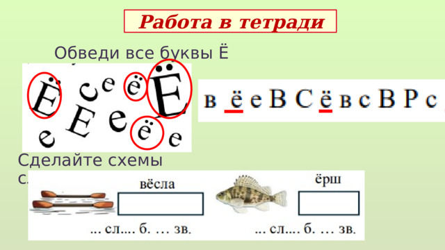 Работа в тетради Обведи все буквы Ё Сделайте схемы слов  