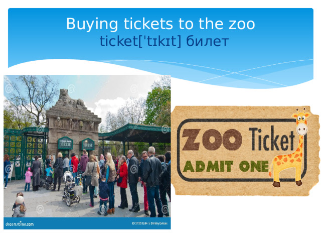 Buying tickets to the zoo  ticket[ˈtɪkɪt] билет   