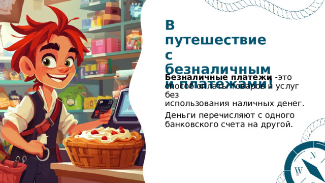 В  путешествие с безналичными платежами! Безналичные  платежи  - это  способ оплаты  товаров  и  услуг  без использования  наличных  денег. Деньги  перечисляют  с  одного банковского  счета  на  другой.  